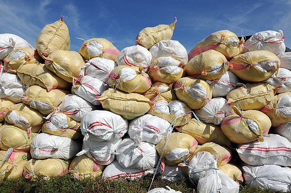 100-pound sacks of rice are stacked before being loaded into U.S. Navy helicopters assigned to the Ronald Reagan Carrier Strike Group for delivery to remote locations on the Philippine Island of Panay.